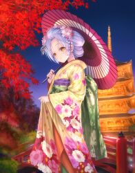 Rule 34 | 1girl, alternate costume, alternate hairstyle, angel beats!, autumn, autumn leaves, blush, bridge, castle, commentary request, cowboy shot, eyelashes, eyes visible through hair, floral print, flower, goto p, green sash, hair flower, hair ornament, highres, holding, holding umbrella, japanese clothes, kanzashi, kimono, kimono hold, long sleeves, looking at viewer, night, oil-paper umbrella, parted bangs, parted lips, pink flower, sash, solo, standing, tenshi (angel beats!), umbrella, white flower, white hair, wide sleeves, yellow eyes, yellow kimono, yukata