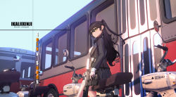 Rule 34 | 1girl, absurdres, black hair, black jacket, black skirt, blazer, bus, collared shirt, day, feet out of frame, finger on trigger, floating hair, from behind, from below, green eyes, gun, highres, holding, holding gun, holding weapon, jacket, long hair, long sleeves, miniskirt, motor vehicle, motorcycle, original, outdoors, pleated skirt, rifle, school uniform, shadow, shirt, sitting, skirt, sky, solo, sweater, two side up, weapon, white shirt, yellow eyes, yigali xinji