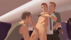 Rule 34 | 3boys, abs, absurdres, aircraft, airplane, cum, fellatio, flight attendant, grin, highres, male focus, multiple boys, oral, penis, public indecency, restrained, sleeping, smile, tagme, testicle grab, travel attendant, undressing, yaoi, zhadoiz