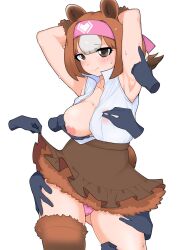 Rule 34 | 1girl, 3others, animal ears, armpits, arms behind head, bear ears, bear girl, blunt bangs, blush, breasts, brown hair, brown skirt, brown thighhighs, closed mouth, commentary request, contrapposto, cowboy shot, disembodied hand, fur skirt, gluteal fold, grey hair, hairband, highres, illu (illu stratos), kemono friends, kodiak bear (kemono friends), large breasts, layered skirt, looking at viewer, medium bangs, miniskirt, multicolored hair, multiple others, nipple stimulation, nipple tweak, nipples, no bra, open clothes, open shirt, panties, pink hairband, pink panties, shirt, shirt tucked in, short hair, simple background, skirt, sleeveless, sleeveless shirt, solo focus, sweat, thighhighs, two-tone hair, underwear, white background, white shirt
