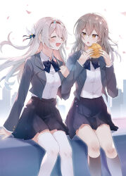 2girls ^_^ absurdres azusa_(980650076) black_hairband black_skirt blue_jacket breasts closed_eyes collared_shirt eating firefly_(honkai:_star_rail) floating_hair food food_on_face grey_hair hair_between_eyes hair_intakes hairband highres honkai:_star_rail honkai_(series) jacket long_hair long_sleeves looking_at_another medium_breasts multiple_girls neck_ribbon outdoors ribbon school_uniform shirt sitting skirt smile stelle_(honkai:_star_rail) thighhighs trailblazer_(honkai:_star_rail) white_shirt white_thighhighs yellow_eyes