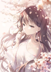 Rule 34 | 1girl, blurry, blurry background, branch, brown eyes, brown hair, commentary request, depth of field, flower, hair between eyes, hand up, holding, holding flower, jewelry, kagachi saku, long hair, long sleeves, original, pendant, petals, pink flower, see-through, shirt, solo, very long hair, white flower, white shirt, wide sleeves