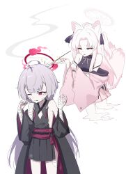 Rule 34 | 2girls, absurdres, ahoge, animal ears, bandaged arm, bandages, bare shoulders, bell, blue archive, clothing cutout, detached sleeves, eyeshadow, flat chest, fox ears, fox tail, grey eyes, grey hair, grey sleeves, halo, highres, holding, holding smoking pipe, japanese clothes, jingle bell, kimono, kiroshi, kuzunoha (blue archive), long hair, makeup, multiple girls, multiple tails, obi, one eye closed, open mouth, pink kimono, red eyes, red eyeshadow, red halo, sash, shuro (blue archive), simple background, smoking pipe, tail, white background, white hair