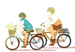 Rule 34 | 10s, 2boys, aged down, ai-wa, bag, baguette, bicycle, black hair, blue eyes, bread, brown hair, child, closed eyes, food, free!, from side, groceries, kneehighs, kyoto animation, long sleeves, looking away, male focus, multiple boys, nanase haruka (free!), paper bag, profile, riding, shoes, shorts, sneakers, socks, spring onion, tachibana makoto, white background