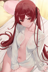 Rule 34 | 1girl, bed, bottomless, breasts, cleavage, collarbone, covering privates, covering crotch, dress shirt, fire emblem, fire emblem fates, hair ribbon, haru (nakajou-28), highres, long hair, long sleeves, looking at viewer, looking up, naked shirt, navel, nintendo, no bra, no panties, open clothes, open shirt, red hair, ribbon, selena (fire emblem fates), shirt, small breasts, solo, sweatdrop, twintails, unbuttoned, very long hair, white shirt