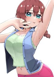 Rule 34 | 1girl, :p, arched back, arm behind head, arm up, armpits, blue eyes, blue vest, blush, braid, breasts, brown hair, camisole, cleavage, commentary request, contrapposto, cowboy shot, crop top, crop top overhang, emma verde, green camisole, hair between eyes, highres, kooei, large breasts, long hair, looking at viewer, love live!, love live! nijigasaki high school idol club, low twintails, midriff peek, navel, pants, pink pants, simple background, solo, sweat, tongue, tongue out, twin braids, twintails, vest, w, white background