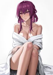 Rule 34 | 1girl, absurdres, bare legs, bare shoulders, breasts, cleavage, commentary, feet out of frame, grey background, highres, honkai: star rail, honkai (series), kafka (honkai: star rail), khione (yukhione), large breasts, legs, long hair, looking at viewer, off shoulder, pink lips, purple eyes, purple hair, robe, simple background, sitting, smile, solo, white robe