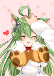 Rule 34 | 1boy, 1girl, ;d, absurdres, ahoge, akashi (azur lane), animal ear fluff, animal ears, azur lane, blush, brown eyes, cat ears, commander (azur lane), commentary request, dress, green hair, hair between eyes, hair ornament, half-closed eye, hands up, headpat, heart, highres, long hair, long sleeves, looking at viewer, nako nya, one eye closed, open mouth, out of frame, signature, sleeves past fingers, sleeves past wrists, smile, very long hair, white dress