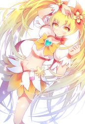 Rule 34 | 10s, 1girl, anthiea, blonde hair, bow, brooch, choker, cure sunshine, hair ribbon, heart, heart brooch, heartcatch precure!, jewelry, long hair, looking at viewer, magical girl, midriff, myoudouin itsuki, navel, orange bow, precure, ribbon, simple background, skirt, smile, solo, twintails, white background, yellow bow, yellow eyes