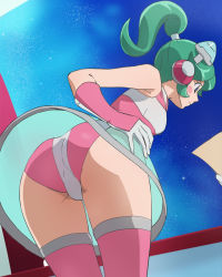Rule 34 | 1girl, ass, blue eyes, blush stickers, boots, calen (time bokan), cowboy shot, from below, gloves, green hair, hand on own hip, haruyama kazunori, headset, leotard, paper, pink gloves, pink thighhighs, ponytail, see-through, sidelocks, skirt, solo, space, thigh boots, thighhighs, time bokan (series), time bokan 24, white gloves