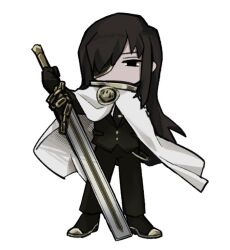 Rule 34 | 1boy, badge, black eyes, black footwear, black gloves, black hair, black jacket, black necktie, black pants, cape, chain, esther (project moon), eyepatch, full body, gloves, holding, holding sword, holding weapon, jacket, library of ruina, long hair, long sleeves, looking at viewer, necktie, pants, project moon, shoes, simple background, smoke (killscreen s), solo, standing, sword, tie clip, weapon, white background, white cape