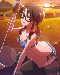 Rule 34 | 10s, 1girl, artist request, bikini, black hair, black thighhighs, blush, brown eyes, glasses, gloves, golf club, idolmaster, idolmaster million live!, lens flare, looking at viewer, low twintails, musical note, official art, sitting, sparkle, sunset, swimsuit, takayama sayoko, thighhighs, twintails, underwear, white gloves
