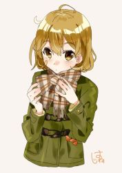 Rule 34 | 1girl, ahoge, animal, animal in clothes, bandaid, bandaid on face, beige background, brown eyes, brown hair, coat, crab, duffel coat, green coat, kantai collection, looking at viewer, oboro (kancolle), official alternate costume, oriharaizaya819, plaid, plaid scarf, scarf, short hair, signature, simple background, upper body