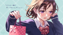 Rule 34 | 1girl, averting eyes, bag, blue background, blue sweater, blush, bow, brown hair, collared shirt, dated, diagonal-striped bow, dress shirt, hair between eyes, hand up, highres, holding, holding bag, long sleeves, morikura en, nose blush, original, paper bag, parted lips, purple eyes, red bow, school uniform, shirt, signature, sleeves past wrists, solo, sweater, translation request, upper body, valentine, white shirt