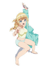 Rule 34 | 1girl, bare legs, barefoot, blonde hair, blue eyes, blue shorts, braid, breasts, cellphone, female focus, full body, highres, holding, holding phone, looking at viewer, medium breasts, midriff, navel, paripi koumei, peeqaboo, phone, pov, shirt, shorts, simple background, smartphone, solo, stomach, thighs, tsukimi eiko, twin braids, white background, yellow shirt