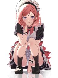 Rule 34 | 1girl, borgbutler, bow, bowtie, closed mouth, commentary request, frills, frown, full body, highres, love live!, love live! school idol project, maid, maid headdress, nishikino maki, panties, pantyshot, purple eyes, red bow, red bowtie, red hair, reflective floor, solo, squatting, thighs, underwear, v-shaped eyebrows, white panties