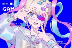 Rule 34 | 1girl, @ @, blonde hair, blue background, blue bow, blue hair, blue nails, blue shirt, bow, chouzetsusaikawa tenshi-chan, double v, hair bow, hair ornament, highres, holographic clothing, kelyn9, long hair, long sleeves, looking at viewer, multicolored eyes, multicolored hair, multicolored nails, needy girl overdose, one eye covered, open mouth, pink bow, pink hair, pink nails, purple bow, quad tails, rainbow eyes, sailor collar, school uniform, serafuku, shirt, smile, solo, twintails, upper body, v, wrist cutting, yellow nails