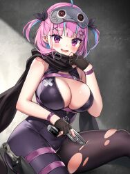 Rule 34 | 1girl, absurdres, ahoge, ayaoshiro, black gloves, black pantyhose, black scarf, blue hair, blush, bodysuit, braid, breasts, cat hair ornament, cleavage, colored inner hair, commission, fingerless gloves, gloves, gun, hair ornament, hair ribbon, handgun, highres, holding, holding gun, holding weapon, hololive, knife, large breasts, long hair, looking at viewer, mask, mask on head, minato aqua, multicolored hair, open mouth, pantyhose, pink hair, purple eyes, purple hair, ribbon, scarf, sheath, single leg pantyhose, skeb commission, skindentation, smile, solo, streaked hair, torn clothes, torn pantyhose, twintails, two-tone hair, virtual youtuber, weapon, x hair ornament, zipper