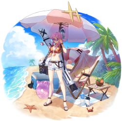 Rule 34 | 1girl, absurdres, alchemy stars, alternate costume, ankle cuffs, beach, beach towel, beach umbrella, belt, belt buckle, bottle, breasts, buckle, bush, chair, cherry blossoms, chibi, choker, cleavage, closed mouth, cloud, cocktail umbrella, coconut, commentary, cooler, crab, deck chair, dragon, english commentary, flower, folding table, full body, hat, hawaiian shirt, hibiscus, highres, hiiro (alchemy stars), innertube, jewelry, kerosene lamp, long hair, looking at viewer, medium breasts, navel, necklace, palm tree, pink hair, sandals, scrunchie, seashell, shade, shell, shirt, shore, shorts, sidelocks, sikugi, smile, solo, standing, sun hat, sunglasses, swim ring, table, tied shirt, towel, tree, umbrella, water, water bottle, weapon bag, white background, white shorts, wrist scrunchie