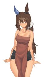 Rule 34 | 1girl, admire vega (umamusume), animal ears, apron, bare shoulders, blush, breasts, brown hair, cleavage, closed mouth, collarbone, dolphin shorts, frown, fukuro (maruaru00), highres, horse ears, invisible chair, long hair, low ponytail, medium breasts, nearly naked apron, pelvic curtain, short shorts, shorts, simple background, sitting, solo, umamusume, white background