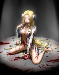 Rule 34 | 1girl, barefoot, blonde hair, blood, blood on breasts, blood on face, blood splatter, bolt, bottomless, breasts, cleavage, covered erect nipples, franken fran, licking, long hair, madaraki fran, no panties, open clothes, open shirt, point23, scissors, shirt, sitting, solo, spotlight, stitches, very long hair, wariza, yellow eyes