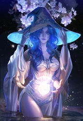 Rule 34 | 1girl, alternate breast size, black background, blue hair, blue skin, breasts, cleavage, collarbone, colored skin, commentary, cracked skin, curly hair, elden ring, english commentary, extra arms, fan yang (jiuge), floating, floating object, flower, hand up, hat, highres, large breasts, large hat, light particles, long hair, long sleeves, looking at viewer, night, one eye closed, outdoors, parted lips, ranni the witch, simple background, solo, sparkle, thighs, wading, wide sleeves, witch hat