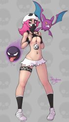 Rule 34 | 1girl, artist name, bandana, bare shoulders, bat (animal), beret, between breasts, black eyes, black shirt, black socks, breasts, breasts squeezed together, clothes lift, colored sclera, creatures (company), crobat, drooling, fangs, full body, game freak, gastly, gen 1 pokemon, gen 2 pokemon, grey background, hands on own chest, hat, highres, jewelry, juicydemon, legband, legs apart, lifting own clothes, looking down, medium breasts, navel piercing, necklace, nintendo, open mouth, piercing, pink eyes, pink hair, pokemon, pokemon (creature), pokemon sm, red eyes, saliva, shirt, shirt lift, shoes, short shorts, shorts, signature, simple background, skull, sleeveless, sleeveless shirt, smile, socks, solo, standing, tank top, team skull, team skull grunt, teeth, text focus, tongue, tongue out, underboob, white footwear, white hat, white shorts, wings, wristband, yellow sclera