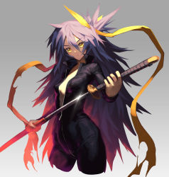 Rule 34 | 1girl, chyko, from below, glint, gradient background, grey background, hair between eyes, highres, holding, holding sword, holding weapon, katana, long hair, original, popped collar, purple hair, sheath, solo, sword, unsheathing, very long hair, weapon, yellow eyes