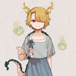 Rule 34 | 1girl, alternate hair color, animal, animal ears, antlers, blue bow, blue shirt, blue skirt, bow, brown hair, closed mouth, collarbone, colored skin, dragon tail, fingernails, green eyes, green skin, grey background, hair between eyes, hair over one eye, hand up, horns, kicchou yachie, light brown hair, looking at viewer, otter, otter ears, otter spirit (touhou), red eyes, s hirono28, shirt, short hair, short sleeves, simple background, skirt, smile, solo, spirit, standing, tail, touhou, turtle shell