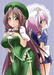 Rule 34 | 2girls, akure ekuto, apron, arms behind back, back-to-back, beret, blue dress, braid, breasts, chinese clothes, dress, green hat, hair ribbon, hand on own chest, hat, highres, hong meiling, izayoi sakuya, large breasts, light purple hair, long hair, looking at another, maid, maid apron, maid headdress, multiple girls, puffy short sleeves, puffy sleeves, red hair, ribbon, shirt, short hair, short sleeves, side slit, skirt, skirt set, tangzhuang, touhou, tress ribbon, twin braids, very long hair, white shirt
