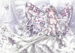 Rule 34 | 1girl, bow, breasts, bug, butterfly, cleavage, dress, flower, gem, hair bow, hane segawa, highres, insect, lace, lace-trimmed skirt, lace trim, medium breasts, metal wings, multiple hair bows, original, pink eyes, pink gemstone, skirt, solo, white bow, white dress, white flower, white hair