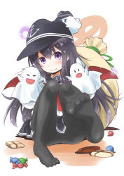 Rule 34 | 1girl, absurdres, akatsuki (kancolle), anchor symbol, black hair, black hat, black pantyhose, black skirt, candy, commentary request, fang, fang out, flat cap, food, ghost, hat, hibiki (kancolle), highres, ikazuchi (kancolle), inazuma (kancolle), kantai collection, long hair, looking at viewer, neckerchief, one-hour drawing challenge, pantyhose, pleated skirt, purple eyes, red neckerchief, sack, school uniform, serafuku, sitting, skirt, solo, taisinkoku
