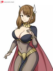 Rule 34 | 1girl, bodystocking, bodysuit, braid, braided ponytail, breasts, brown bodysuit, brown hair, cape, cleavage, cleavage cutout, clothing cutout, cosplay, covered navel, dark mage (fire emblem awakening), fire emblem, fire emblem awakening, fire emblem engage, flower, flower on head, goldmary (fire emblem), hair ribbon, hand on own chest, hayato stuff, highres, large breasts, long hair, nintendo, ribbon, solo, swept bangs, tharja (fire emblem), tharja (fire emblem) (cosplay), yellow eyes