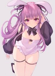 Rule 34 | 1girl, animal ears, bare shoulders, black bow, black bowtie, black footwear, blush, bow, bowtie, closed mouth, detached sleeves, fake animal ears, flat chest, frilled leotard, frills, grey background, grey leotard, hairband, heart o-ring, high heels, highres, leg up, leotard, long hair, long sleeves, looking at viewer, miyanome, original, purple eyes, purple hair, rabbit ears, simple background, skindentation, solo, standing, standing on one leg, strapless, strapless leotard, thigh gap, thigh strap, very long hair, white hairband