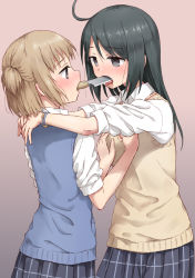 Rule 34 | 2girls, ahoge, arms around neck, beige sweater, black eyes, black hair, blood, blue sweater, blush, borrowed character, bracelet, collared shirt, couple, cowboy shot, dot nose, eye contact, from behind, from side, furrowed brow, gradient background, grey background, grey skirt, hair between eyes, half updo, hand on another&#039;s chest, hands up, height difference, jewelry, kitchen knife, knife, knife in mouth, light brown hair, long hair, looking at another, mouth hold, multiple girls, open mouth, original, outstretched arms, own hands together, plaid, plaid skirt, pleated skirt, profile, school uniform, shiny skin, shirt, short hair, simple background, skirt, sleeves rolled up, standing, sweater, sweater vest, tan background, tongue, tongue out, white shirt, wing collar, yuri, yuyuzuki (yume usagi)