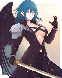 Rule 34 | 1girl, absurdres, alternate costume, armor, armpits, black feathers, black gloves, black wings, blue hair, breasts, byleth (female) (fire emblem), byleth (fire emblem), center opening, chest strap, cleavage, cosplay, feathered wings, feathers, final fantasy, final fantasy vii, fire emblem, fire emblem: three houses, gloves, gradient background, hair between eyes, highres, holding, holding sword, holding weapon, jacket, katana, large breasts, leather, leather gloves, leather jacket, leather pants, long coat, multicolored eyes, nintendo, pants, sephiroth, sephiroth (cosplay), short hair, shoulder armor, solo, super smash bros., sword, truejekart, weapon, wings