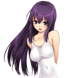 Rule 34 | 1girl, :d, akamaru, arms behind back, bare shoulders, covered navel, long hair, lowres, navel, one-piece swimsuit, open mouth, original, purple eyes, purple hair, school swimsuit, shirt, smile, solo, swimsuit, taut clothes, taut shirt, taut swimsuit, white school swimsuit, white one-piece swimsuit