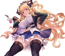 Rule 34 | bag, black thighhighs, blazer, blonde hair, blue eyes, breasts, draph, frilled skirt, frills, from below, gluteal fold, granblue fantasy, highres, horns, jacket, large breasts, long hair, looking at viewer, looking down, open mouth, pointy ears, razia, school bag, school uniform, skirt, solo, thighhighs, u jie, very long hair