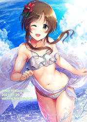 Rule 34 | 1girl, armpit crease, bikini, blue sky, blush, brown hair, character name, cloud, dated, day, flat chest, flower, hair flower, hair ornament, happy birthday, highres, idolmaster, idolmaster cinderella girls, long hair, looking at viewer, ment, navel, ocean, one eye closed, open mouth, outdoors, ponytail, red flower, resolution mismatch, short hair, short hair with long locks, sky, smile, solo, source larger, splashing, swimsuit, takamori aiko, wading, white bikini, yellow eyes