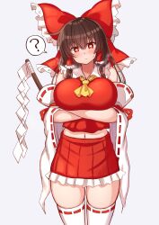 Rule 34 | 1girl, ?, absurdres, alternate breast size, bow, breasts, brown hair, closed mouth, crossed arms, detached sleeves, gohei, grey background, hair bow, hair tubes, hakurei reimu, heart, heart-shaped pupils, highres, holding, large breasts, long hair, looking at viewer, midriff, navel, red bow, red eyes, simple background, solo, standing, symbol-shaped pupils, thighhighs, thighs, tksand, touhou, white sleeves, white thighhighs