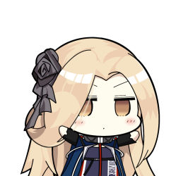 Rule 34 | 1girl, arms up, azur lane, black flower, black rose, blonde hair, blue cloak, blue dress, blush stickers, bunker hill (azur lane), character name, chibi, cloak, commentary request, dress, eyebrows hidden by hair, flower, hair flower, hair ornament, hair over one eye, high collar, jitome, long hair, long sleeves, looking at viewer, nejikirio (style), parody, parted bangs, rose, sentinel (ver20), simple background, solo, style parody, underbust, upper body, white background
