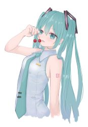 Rule 34 | 1girl, blue eyes, blue hair, blue nails, blue necktie, collared shirt, cropped arms, cropped torso, food, fruit, grey shirt, hair between eyes, hair ornament, hatsune miku, highres, holding, holding food, holding fruit, katorea, long hair, nail polish, necktie, open mouth, shirt, simple background, sleeveless, sleeveless shirt, solo, twintails, upper body, very long hair, vocaloid, white background, wing collar