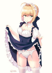 Rule 34 | 10s, 1girl, ahoge, alternate costume, black bow, black dress, black ribbon, blonde hair, blush, bow, braid, breasts, cleavage, closed mouth, clothes lift, collarbone, commentary, detached collar, dress, dress lift, enmaided, expressionless, fate/extra, fate (series), fingernails, french braid, frilled dress, frills, garter belt, green eyes, hair between eyes, hair bow, hair bun, hair intakes, hair ribbon, half-closed eyes, highres, lifted by self, looking away, looking to the side, maid, nero claudius (fate), nero claudius (fate) (all), nero claudius (fate/extra), panties, puffy short sleeves, puffy sleeves, ribbon, shiny skin, short hair, short sleeves, sidelocks, signature, simple background, single hair bun, skindentation, skirt, skirt lift, small breasts, solo, standing, symbol-only commentary, thighhighs, underwear, white background, white panties, white ribbon, white thighhighs, wing collar, zdl xiaobai
