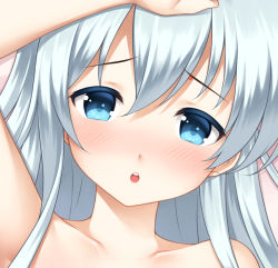 Rule 34 | 10s, 1girl, :o, arm up, bare shoulders, blue eyes, blue hair, blush, close-up, collarbone, colored eyelashes, eyebrows, head tilt, hibiki (kancolle), kantai collection, long hair, looking at viewer, looking up, parted lips, ren san, round teeth, solo, teeth, upper body
