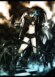 Rule 34 | 10s, 1girl, bikini, bikini top only, black bikini, black hair, black rock shooter, black rock shooter (character), blue eyes, boots, coat, front-tie top, glowing, glowing eyes, highres, long hair, midriff, navel, omega.ep, pale skin, scar, short shorts, shorts, solo, swimsuit, sword, twintails, very long hair, weapon