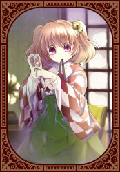 Rule 34 | 1girl, adjusting hair, bell, brown hair, checkered clothes, checkered kimono, comb, female pov, hair bell, hair brush, hair ornament, japanese clothes, kimono, looking at viewer, mirror, motoori kosuzu, mouth hold, pov, purple eyes, reflection, socha, solo, touhou, two side up, tying hair