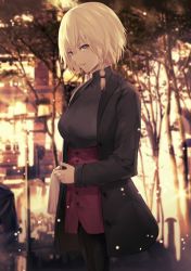 Rule 34 | 1girl, bare tree, black coat, black pantyhose, black sweater, blonde hair, blurry, blurry background, braid, breasts, closed mouth, coat, commentary, depth of field, english commentary, grey eyes, hair between eyes, hair ornament, hair tie, hairclip, head tilt, highres, lamppost, long sleeves, medium breasts, misaki nonaka, open clothes, open coat, original, pantyhose, red skirt, ribbed sweater, side braid, single braid, skirt, solo, sparkle, sweater, tree