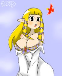 Rule 34 | 1girl, alternate breast size, bare shoulders, bigdead, bird, black eyes, blonde hair, blush, breasts squeezed together, breasts, cleavage, clothes, dress, hair ribbon, large breasts, long hair, nintendo, off-shoulder dress, off shoulder, pointy ears, princess zelda, ribbon, solo, the legend of zelda, the legend of zelda: skyward sword, v arms