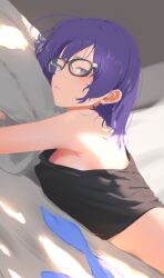 Rule 34 | 1girl, :t, a-chan (hololive), alternate costume, armpit crease, bare shoulders, black tank top, blue eyes, blue hair, closed mouth, cohi27151463, commentary request, from side, glasses, grey-framed eyewear, highres, hololive, looking at viewer, lying, midriff, on bed, on stomach, short hair, solo, tank top, upper body, virtual youtuber