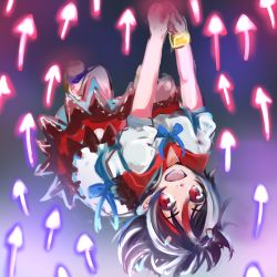 Rule 34 | 1girl, black hair, bracelet, horns, jewelry, kijin seija, multicolored hair, naminori, red eyes, red hair, solo, tongue, tongue out, touhou, upside-down